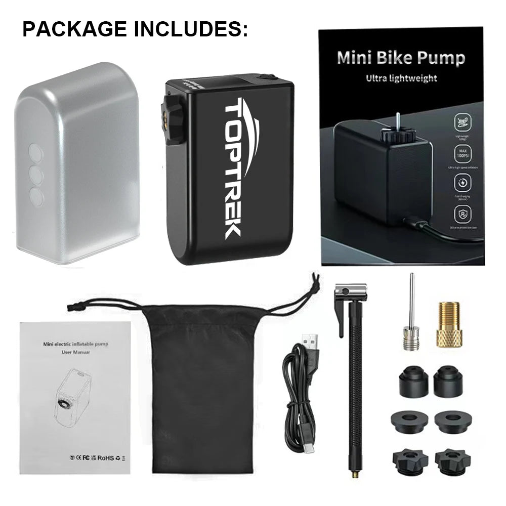 Toptrek 100Psi Mini Electric Air Pump Portable 1260Mah Bicycle Pump Inflator Presta Schrader Valve Road MTB Bike Motorcycle Pump