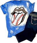 Baseball Tongue Lips Bleached T-Shirt Women Baseball Mom Shirt Funny Baseball Leopard Lips Graphic Short Sleeve Tops (L, Blue)