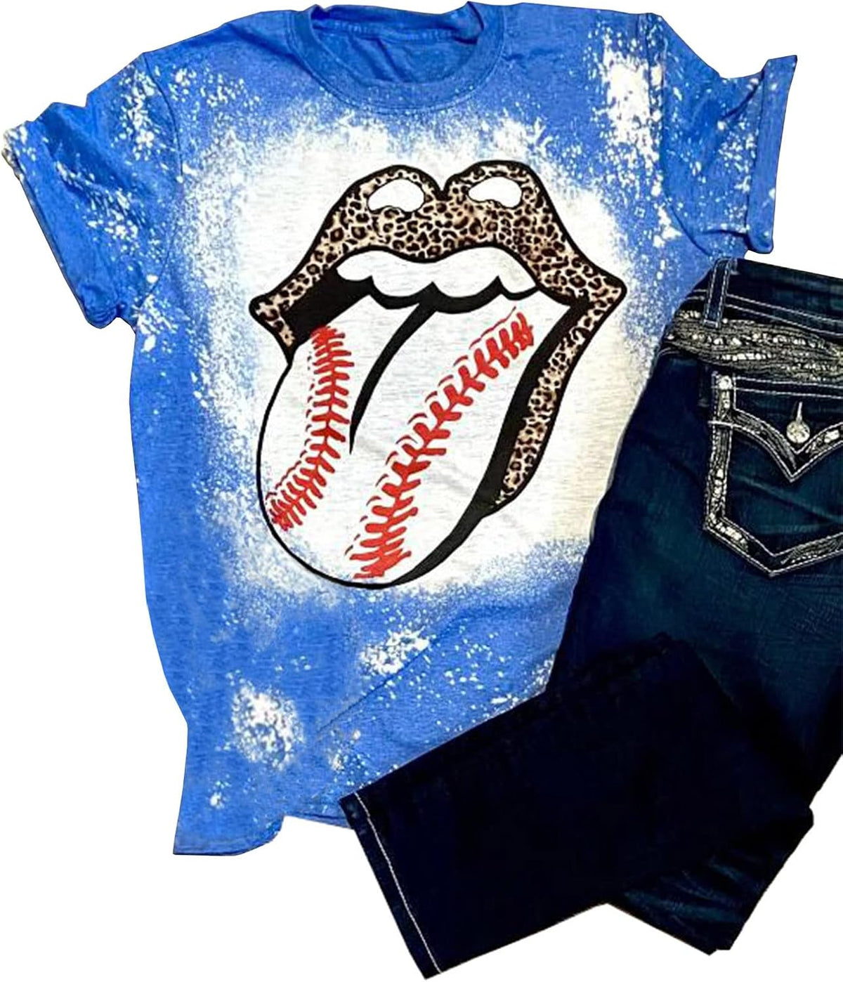 Baseball Tongue Lips Bleached T-Shirt Women Baseball Mom Shirt Funny Baseball Leopard Lips Graphic Short Sleeve Tops (L, Blue)
