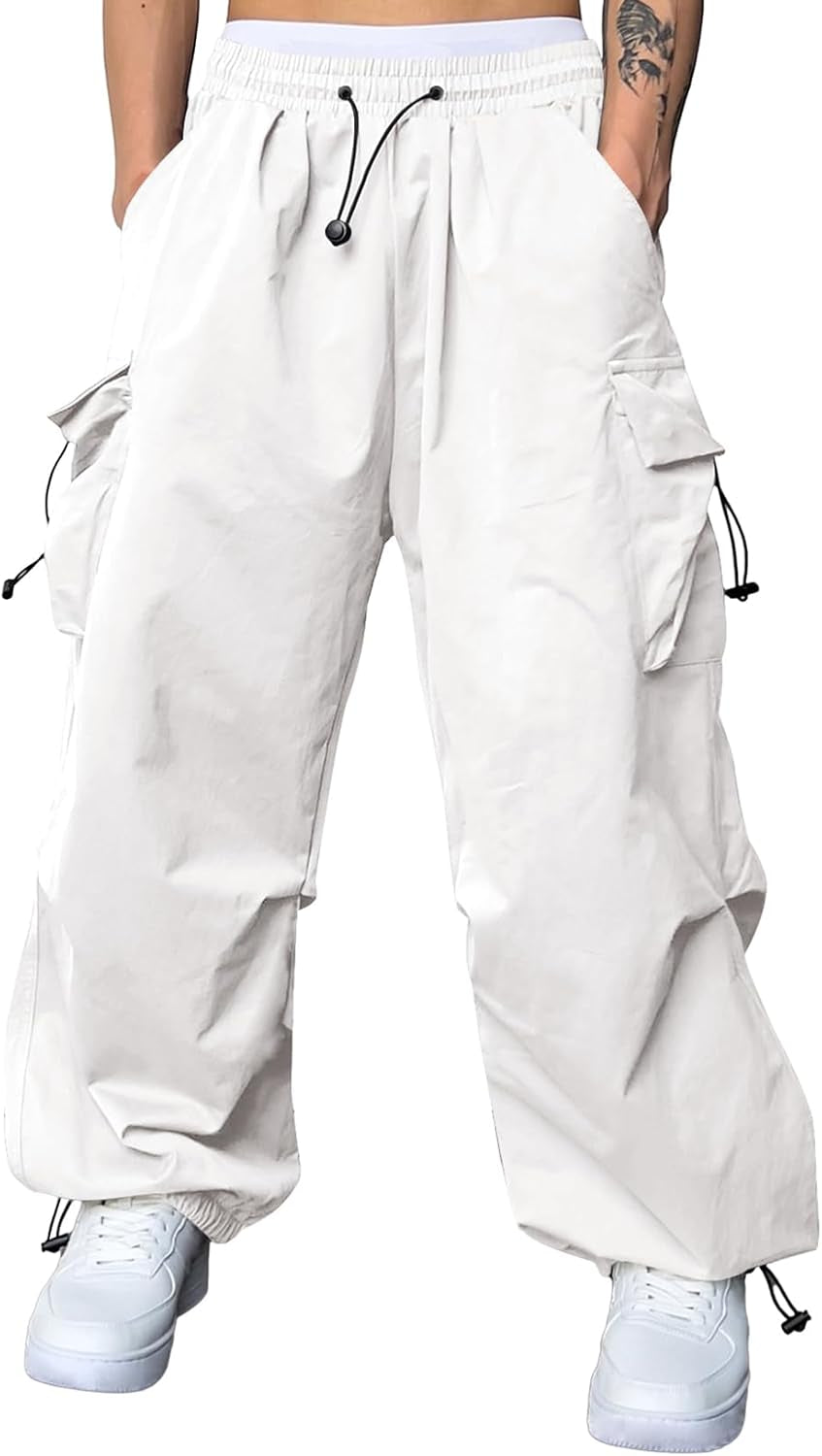 Mens Loose Fit Drawstring Y2K Baggy Parachute Cargo Pants