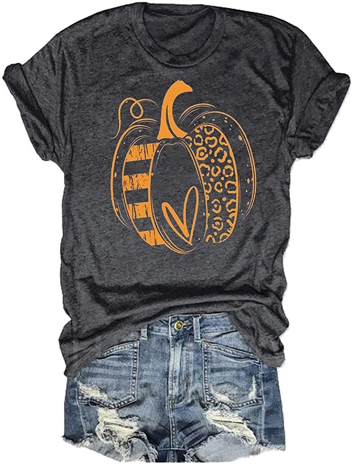 Womens Funny Leopard Pumpkin Shirts Short Sleeve Halloween Thanksgiving Fall T-Shirts Graphic Tee Tops