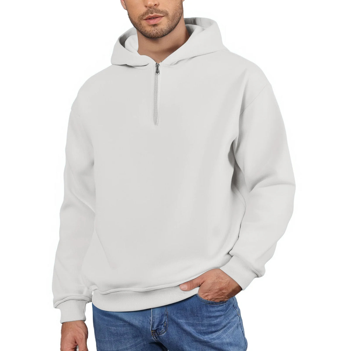 Men'S Quarter Zip Hoodies Zip up Solid Color Hoodie Long Sleeve Drop Shoulder Sweatshirt Casual Pullover White L