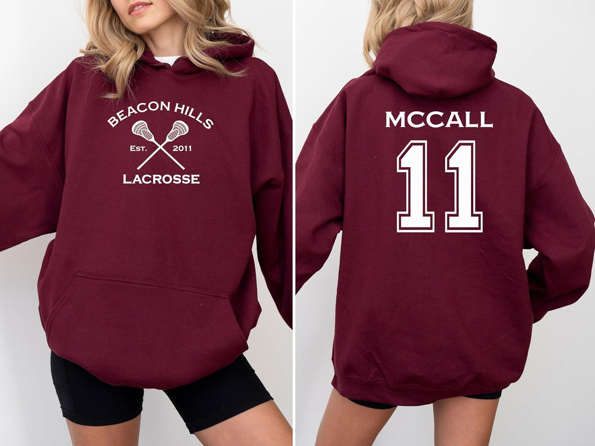 Mccall 11 Beacon Hills Hoodie – Adult Retro 2-Sided Fan Pullover Sweatshirt, Vintage Varsity Style