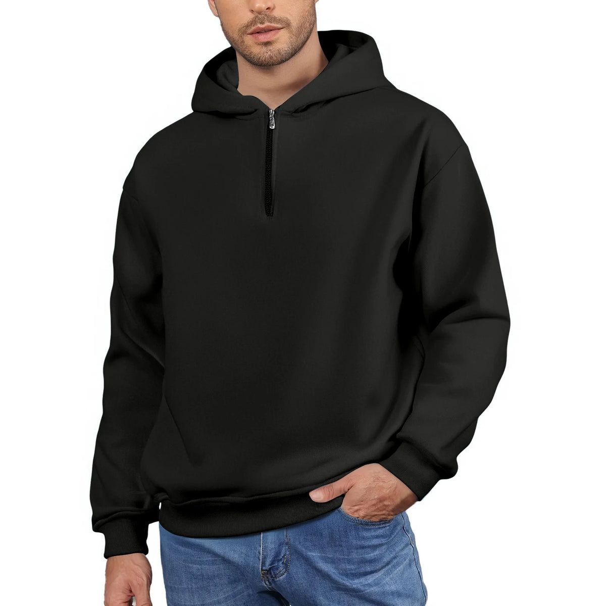 Men'S Quarter Zip Hoodies Zip up Solid Color Hoodie Long Sleeve Drop Shoulder Sweatshirt Casual Pullover Black XL