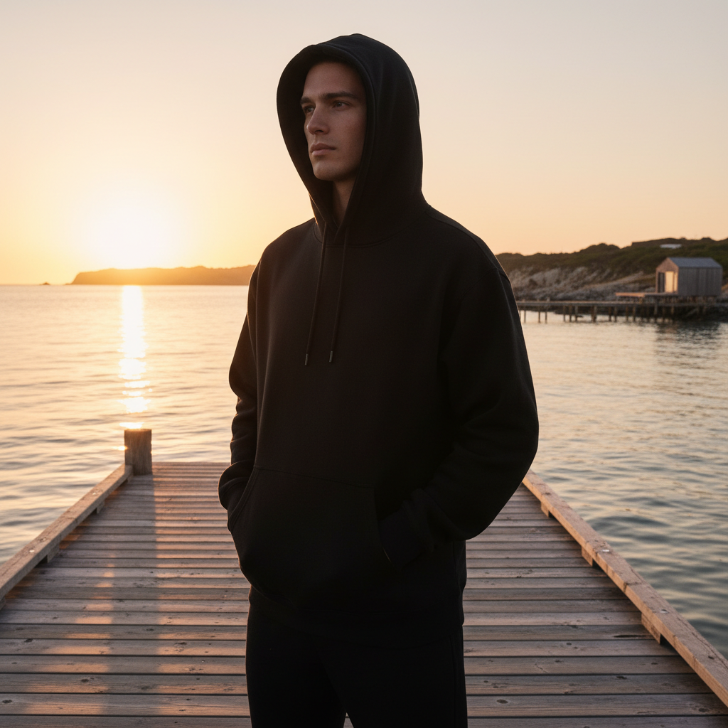 Person wearing heavyweight hoodie on a wooden dock at golden hour, coastal lifestyle